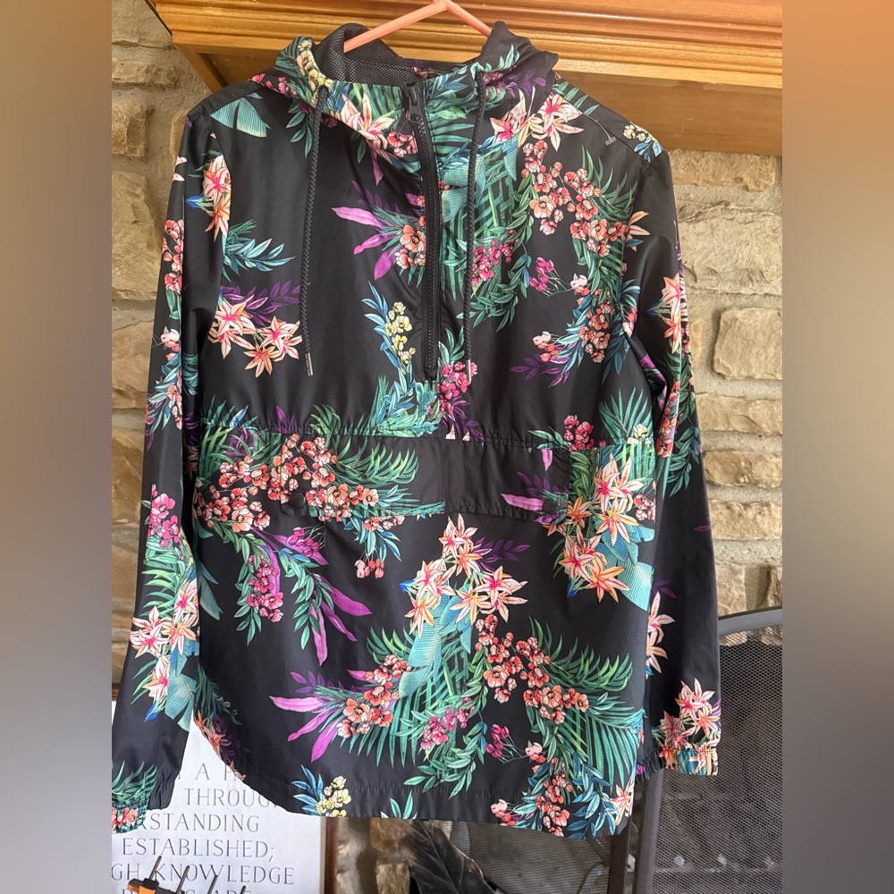 Xension Shed Rain Nylon Half Zip Hooded Rain Jacket Floral Coat Womens Sz M
